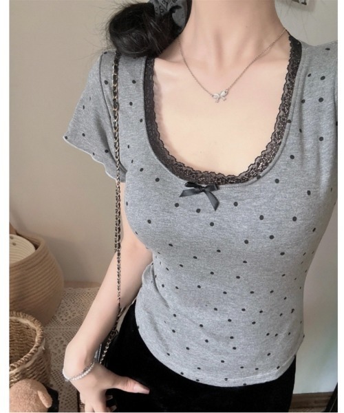 SHEENA(シーナ)の「【カップ付き】レースドットフィットTシャツ(Tシャツ/カットソー・レディース・ホワイト/ライトブルー/ブラック/グレー・M)」の13枚目の写真