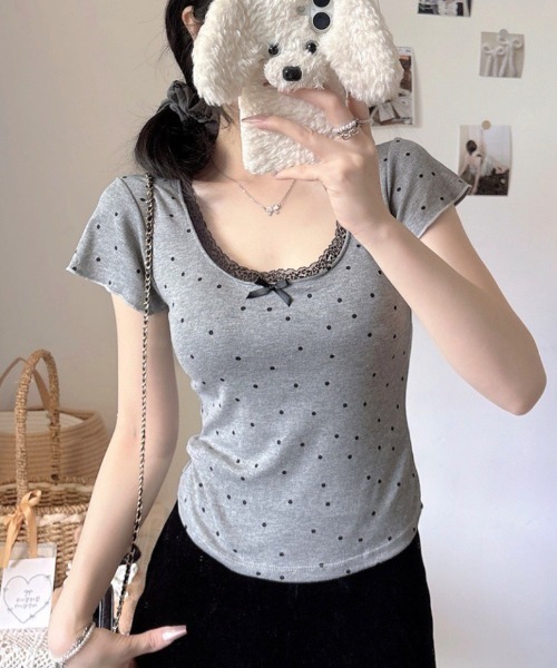 SHEENA(シーナ)の「【カップ付き】レースドットフィットTシャツ(Tシャツ/カットソー・レディース・ホワイト/ライトブルー/ブラック/グレー・M)」の14枚目の写真