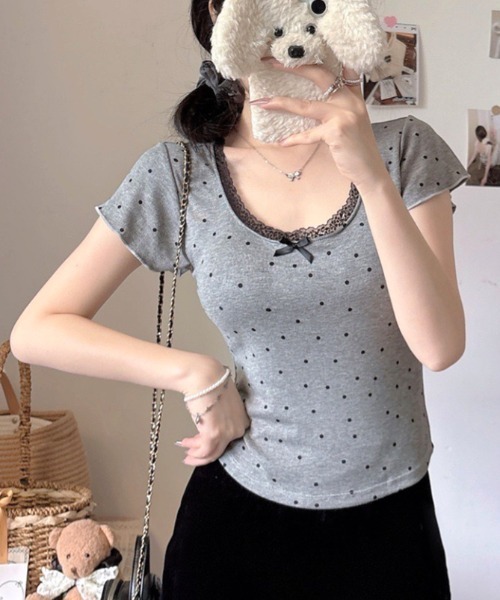SHEENA(シーナ)の「【カップ付き】レースドットフィットTシャツ(Tシャツ/カットソー・レディース・ホワイト/ライトブルー/ブラック/グレー・M)」の15枚目の写真