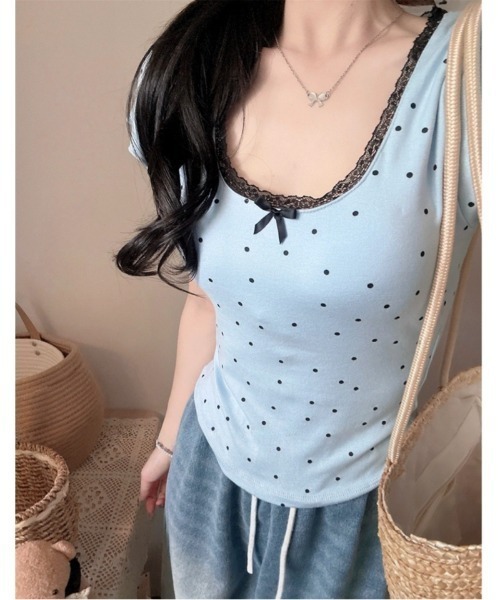 SHEENA(シーナ)の「【カップ付き】レースドットフィットTシャツ(Tシャツ/カットソー・レディース・ホワイト/ライトブルー/ブラック/グレー・M)」の16枚目の写真