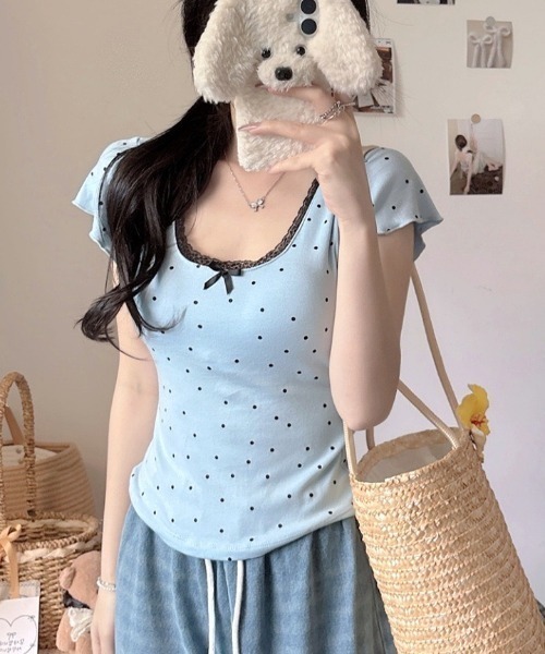 SHEENA(シーナ)の「【カップ付き】レースドットフィットTシャツ(Tシャツ/カットソー・レディース・ホワイト/ライトブルー/ブラック/グレー・M)」の17枚目の写真