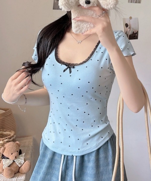 SHEENA(シーナ)の「【カップ付き】レースドットフィットTシャツ(Tシャツ/カットソー・レディース・ホワイト/ライトブルー/ブラック/グレー・M)」の18枚目の写真