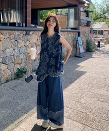 ノースリーブデニムトップス+パッチワークデニムパンツセットアップ