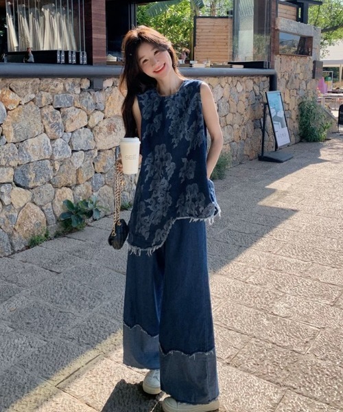 Aelina(エリナ)の「ノースリーブデニムトップス+パッチワークデニムパンツセットアップ(セットアップ・レディース・ブルー・S/M/L)」の11枚目の写真