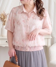 水彩フラワープリント フレア袖 裾シャーリングブラウス