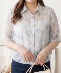 水彩フラワープリント フレア袖 裾シャーリングブラウス
