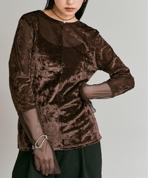 スリーブ 切り替え メッシュ ベロア トップス / Mesh Sleeve Sheer Velour Top