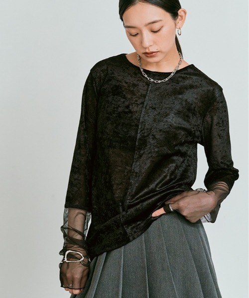 W:Huku(フーク)の「スリーブ 切り替え メッシュ ベロア トップス / Mesh Sleeve Sheer Velour Top(Tシャツ/カットソー・レディース・ブラウン/ブラック/オフホワイト・FREE)」の1枚目の写真