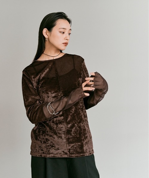W:Huku(フーク)の「スリーブ 切り替え メッシュ ベロア トップス / Mesh Sleeve Sheer Velour Top(Tシャツ/カットソー・レディース・ブラウン/ブラック/オフホワイト・FREE)」の5枚目の写真