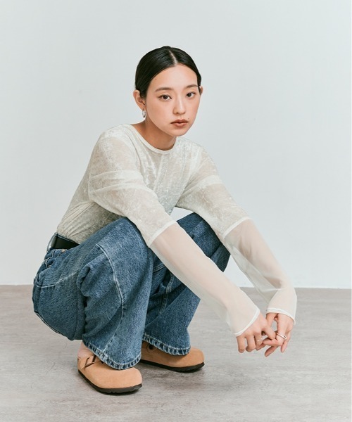 W:Huku(フーク)の「スリーブ 切り替え メッシュ ベロア トップス / Mesh Sleeve Sheer Velour Top(Tシャツ/カットソー・レディース・ブラウン/ブラック/オフホワイト・FREE)」の9枚目の写真