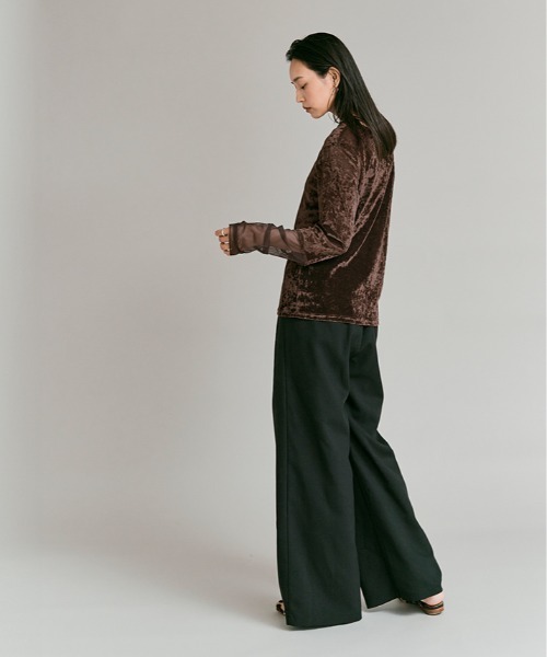 W:Huku(フーク)の「スリーブ 切り替え メッシュ ベロア トップス / Mesh Sleeve Sheer Velour Top(Tシャツ/カットソー・レディース・ブラウン/ブラック/オフホワイト・FREE)」の14枚目の写真