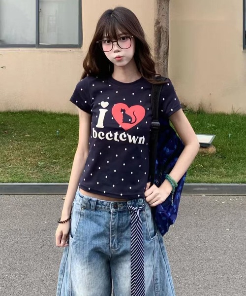 AsheKsha(アシクシャ)の「ネイビーブルーの水玉模様のハートキャットプリントTシャツ(Tシャツ/カットソー・レディース・ネイビー・M)」の4枚目の写真