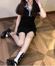 バイカラーポロ襟サイドスリットミニワンピース