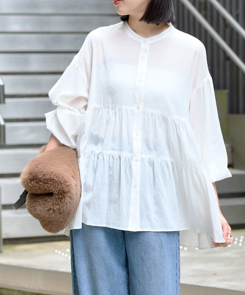 JOURNAL STANDARD relume(ジャーナルスタンダード レリューム)の「《WEB限定》バンドカラーティアードブラウス(シャツ/ブラウス・レディース・ホワイト/ブラック・FREE)」の2枚目の写真