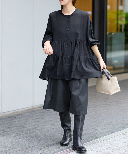 JOURNAL STANDARD relume(ジャーナルスタンダード レリューム)の「《WEB限定》バンドカラーティアードブラウス(シャツ/ブラウス・レディース・ホワイト/ブラック・FREE)」の3枚目の写真