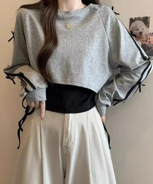 SHERU(シェル)の「【2点セット】サイドリボンアーム クロップドスウェット × タンクトップアンサンブル(Tシャツ/カットソー・レディース・グレー・M)」の9枚目の写真