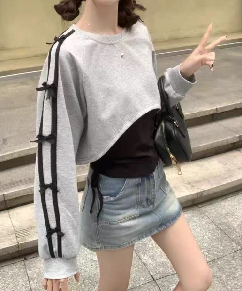 SHERU(シェル)の「【2点セット】サイドリボンアーム クロップドスウェット × タンクトップアンサンブル(Tシャツ/カットソー・レディース・グレー・M)」の18枚目の写真