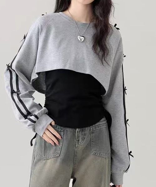 SHERU(シェル)の「【2点セット】サイドリボンアーム クロップドスウェット × タンクトップアンサンブル(Tシャツ/カットソー・レディース・グレー・M)」の19枚目の写真