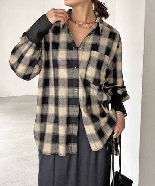 DouDou(ドゥドゥ)の「袖リブチェックシャツ(シャツ/ブラウス・レディース・ブラック・FREE)」の18枚目の写真