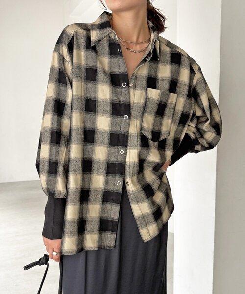 DouDou(ドゥドゥ)の「袖リブチェックシャツ(シャツ/ブラウス・レディース・ブラック・FREE)」の19枚目の写真