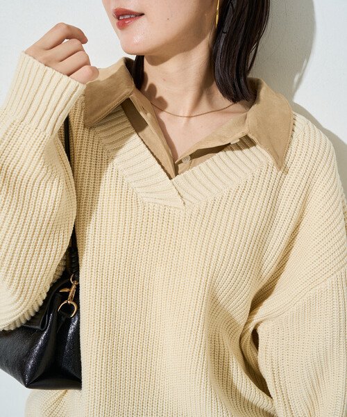 FREAK'S STORE(フリークスストア)の「限定展開 シャツ レイヤード Vネック ニット プルオーバー(ニット/セーター・レディース・チャコール/ナチュラル/ブラウン/グレー・フリ-)」の4枚目の写真