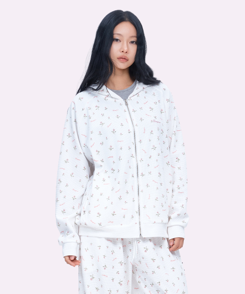 DAUSPICE(ディーオスピス)の「(DUC) ワッフル リラックスフィット ジップアップフーディー フラワー(パーカー・レディース・アイボリー・ONE SIZE)」の3枚目の写真