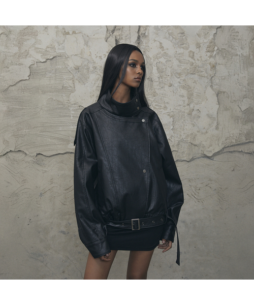 VOONT(ブント)の「Belt High-Neck Leather Jacket (BLACK)(ライダースジャケット・レディース・ブラック・OS)」の1枚目の写真