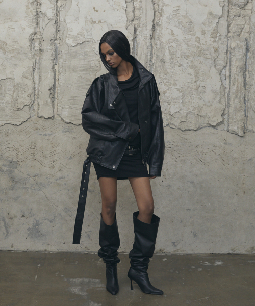 VOONT(ブント)の「Belt High-Neck Leather Jacket (BLACK)(ライダースジャケット・レディース・ブラック・OS)」の3枚目の写真