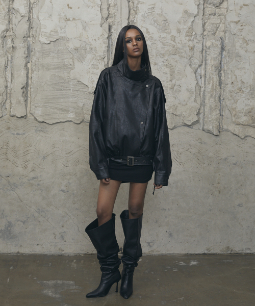 VOONT(ブント)の「Belt High-Neck Leather Jacket (BLACK)(ライダースジャケット・レディース・ブラック・OS)」の6枚目の写真