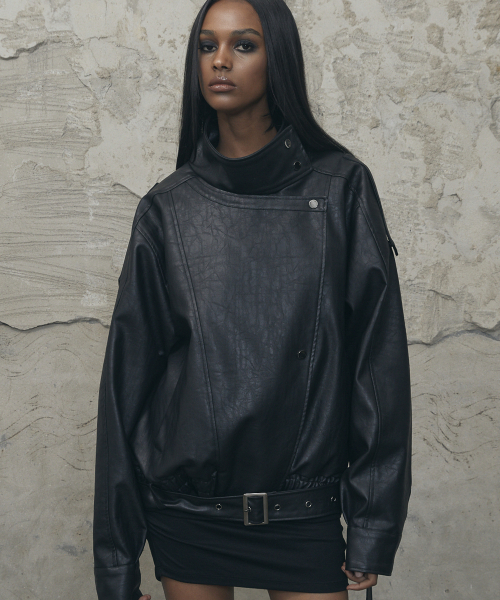 VOONT(ブント)の「Belt High-Neck Leather Jacket (BLACK)(ライダースジャケット・レディース・ブラック・OS)」の7枚目の写真