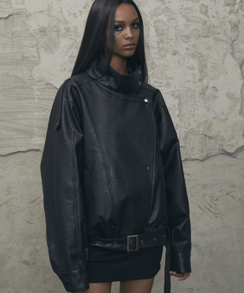 VOONT(ブント)の「Belt High-Neck Leather Jacket (BLACK)(ライダースジャケット・レディース・ブラック・OS)」の8枚目の写真