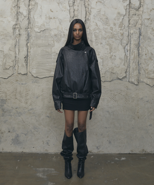 VOONT(ブント)の「Belt High-Neck Leather Jacket (BLACK)(ライダースジャケット・レディース・ブラック・OS)」の9枚目の写真