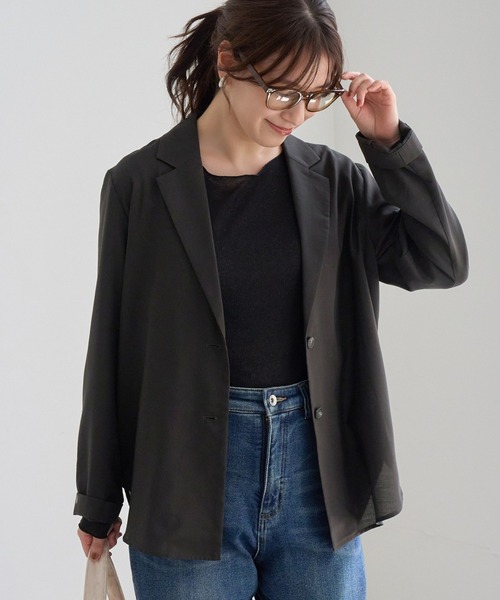 ROPE' PICNIC(ロペピクニック)の「ウールライク シアー シャツ ジャケット 接触冷感 通気性(テーラードジャケット・レディース・ダークブラウン/チャコールグレー・FREE)」の2枚目の写真
