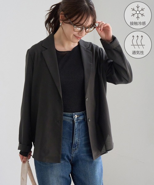 ROPE' PICNIC(ロペピクニック)の「ウールライク シアー シャツ ジャケット 接触冷感 通気性(テーラードジャケット・レディース・ダークブラウン/チャコールグレー・FREE)」の12枚目の写真