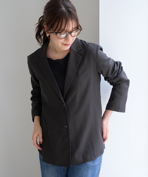 ROPE' PICNIC(ロペピクニック)の「ウールライク シアー シャツ ジャケット 接触冷感 通気性(テーラードジャケット・レディース・ダークブラウン/チャコールグレー・FREE)」の14枚目の写真