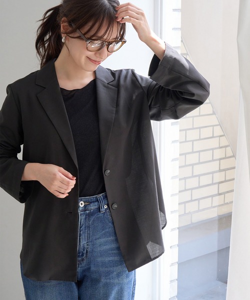 ROPE' PICNIC(ロペピクニック)の「ウールライク シアー シャツ ジャケット 接触冷感 通気性(テーラードジャケット・レディース・ダークブラウン/チャコールグレー・FREE)」の15枚目の写真