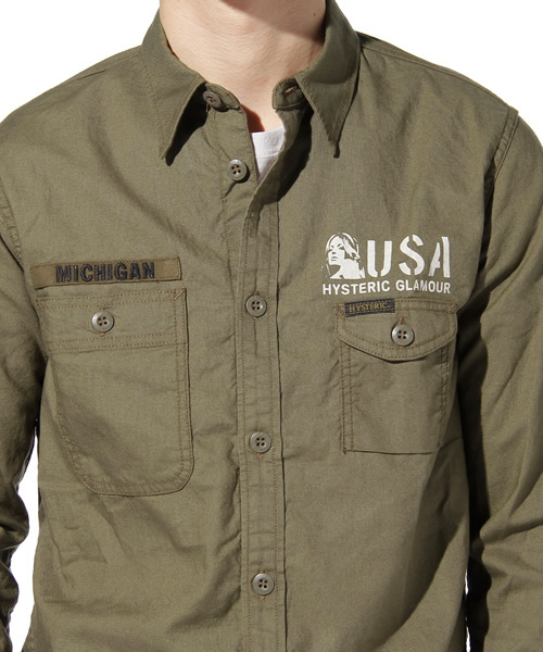 HYSTERIC GLAMOUR（ヒステリックグラマー）の「USA pt 七分袖ミリタリーSH（シャツ/ブラウス・メンズ・ベージュ/カーキ/ブラック・SMALL/MEDIUM/LARGE）」の4枚目の写真