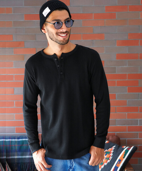 BARK MANHATTAN(バークマンハッタン)の「サーマル クルー ヘンリー 長袖 ロング丈 ワッフル Tシャツ(Tシャツ/カットソー)」|ブラック系その他