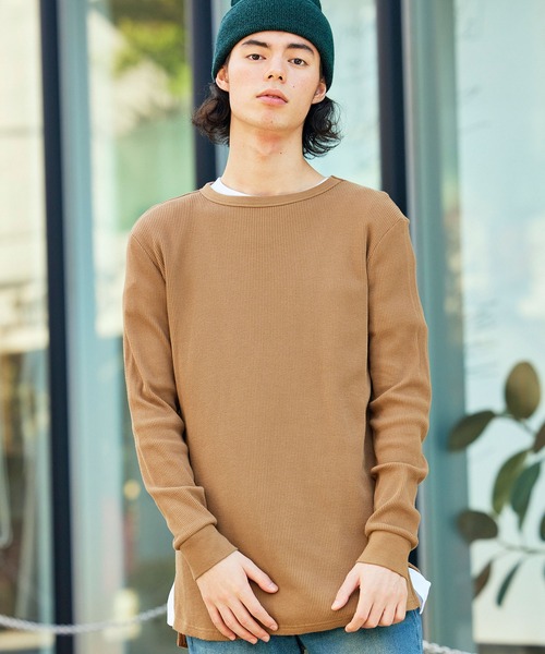 BARK MANHATTAN(バークマンハッタン)の「サーマルワッフル ロング丈長袖Tシャツ(クルー/ヘンリー)(Tシャツ/カットソー)」|ブラウン