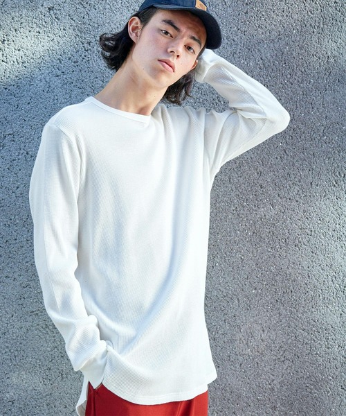 BARK MANHATTAN(バークマンハッタン)の「サーマル クルー ヘンリー 長袖 ロング丈 ワッフル Tシャツ(Tシャツ/カットソー)」|アイボリー