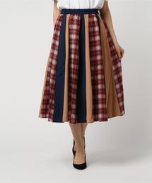 無地×チェック柄パネル配色ジョーゼットフレアミディ丈スカート