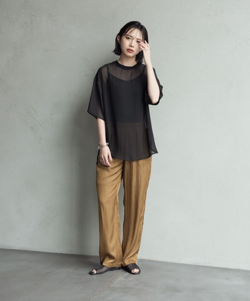 Aunt Marie's（アントマリーズ）の「ハーフスリーブシアートップス【AUNT MARIE'S 】（Tシャツ/カットソー・レディース・ブラック/モカ/スモークピンク/ライトベージュ・FREE）」の5枚目の写真