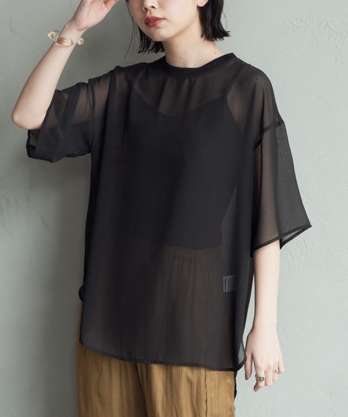 Aunt Marie's（アントマリーズ）の「ハーフスリーブシアートップス【AUNT MARIE'S 】（Tシャツ/カットソー・レディース・ブラック/モカ/スモークピンク/ライトベージュ・FREE）」の12枚目の写真