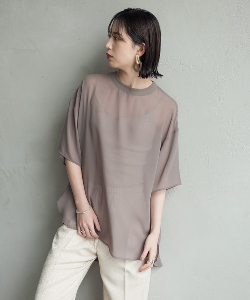 Aunt Marie's（アントマリーズ）の「ハーフスリーブシアートップス【AUNT MARIE'S 】（Tシャツ/カットソー・レディース・ブラック/モカ/スモークピンク/ライトベージュ・FREE）」の7枚目の写真