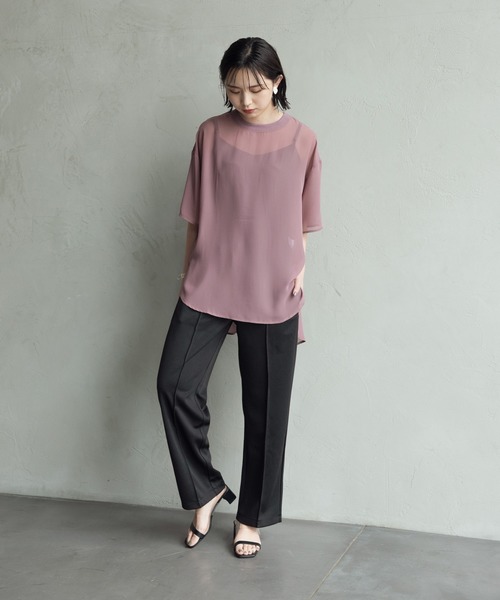 Aunt Marie's（アントマリーズ）の「ハーフスリーブシアートップス【AUNT MARIE'S 】（Tシャツ/カットソー・レディース・ブラック/モカ/スモークピンク/ライトベージュ・FREE）」の14枚目の写真