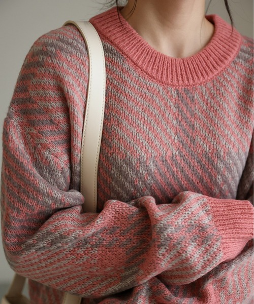 sakishimatokyo(サキシマトーキョー)の「配色ジャガードチェックニット(ニット/セーター・レディース・グレー/レッド/ブラウン/ピンク/グリーン/レッド系その他/イエロー・FREE/L/M)」の6枚目の写真