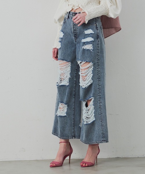 J1U by LA BELLE ETUDE（ジユウバイラベルエチュード）の「ダメージワイドデニム（デニムパンツ・レディース・ブラック/ブルー・1/0）」の3枚目の写真