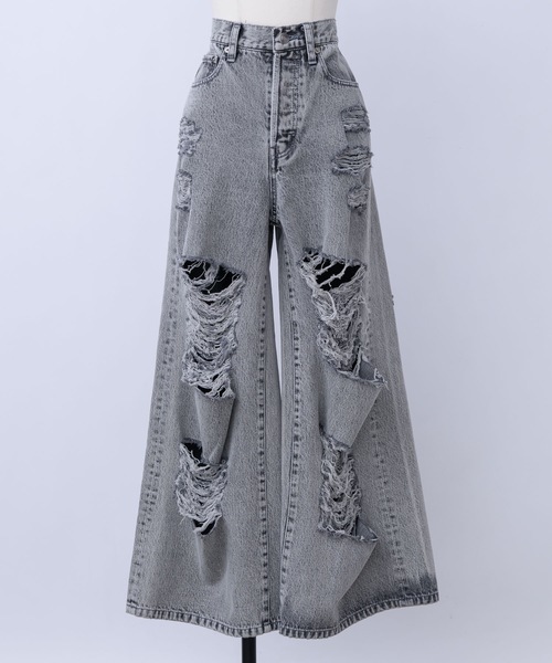 J1U by LA BELLE ETUDE（ジユウバイラベルエチュード）の「ダメージワイドデニム（デニムパンツ・レディース・ブラック/ブルー・1/0）」の7枚目の写真