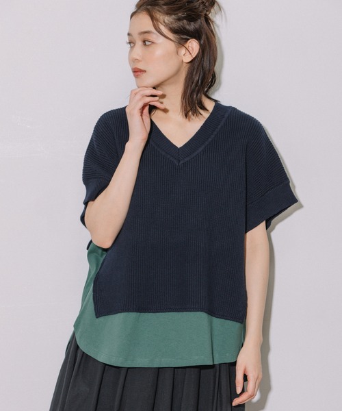 Munich(ミューニック)の「片畦編みニット×カットソードッキングトップス(Tシャツ/カットソー・レディース・グレイッシュベージュ/ネイビー/ピンク・FREE)」の3枚目の写真