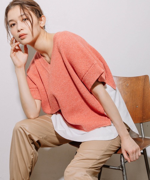 Munich(ミューニック)の「片畦編みニット×カットソードッキングトップス(Tシャツ/カットソー・レディース・グレイッシュベージュ/ネイビー/ピンク・FREE)」の1枚目の写真